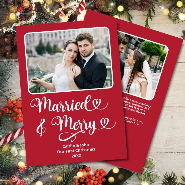 Tarjeta Festiva Casados Merry recién casados Primeros Navidades Co (Married & Merry Custom 2-Photo Christmas Card with Hearts and personalized message on the back.)