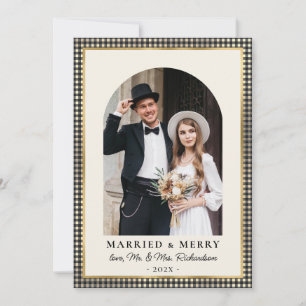 Tarjeta Festiva Casados y Alegres Arco Foto Cuadro Negro Plaid Dor