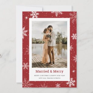 Tarjeta Festiva Casados y alegres copos de nieve Foto roja recién 