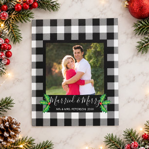 Tarjeta Festiva Casados y Alegres Foto Rústica de Plaid de Búfalo