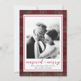 Tarjeta Festiva Casados y Alegres Tartán de Cuadros Burgundy Verde