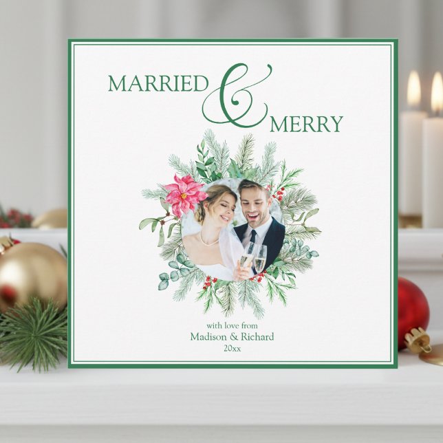 Tarjeta Festiva Casados y Navidades recién casados (elegant married and merry our first married christmas card for newlywed couples)