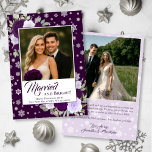 Tarjeta Festiva Casados y Rosas Purpura Brillantes Recién Casados<br><div class="desc">Estas hermosas tarjetas de vacaciones están diseñadas para una pareja que celebra sus primeras vacaciones como pareja casada. El diseño presenta su foto sobre un fondo de color ciruela intenso rodeado de rosas pintadas a mano con acuarela en tonos de púrpura y lavanda junto con copos de nieve caprichosos y...</div>