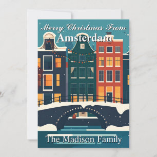 Tarjeta Festiva Casas clásicas de la familia navideña de Amsterdam