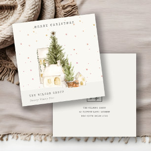 Tarjeta Festiva Casas de Árbol de Nieve Blanca Logo Saludos de Nav