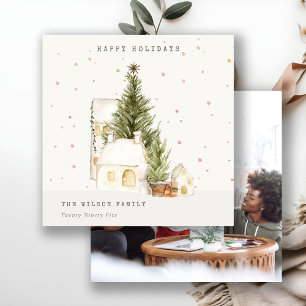 Tarjeta Festiva Casas de árbol de nieve blanca Temporadas de fotos