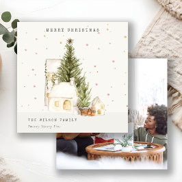Tarjeta Festiva Casas de Árboles de Nieve Blanca Foto Saludos De N