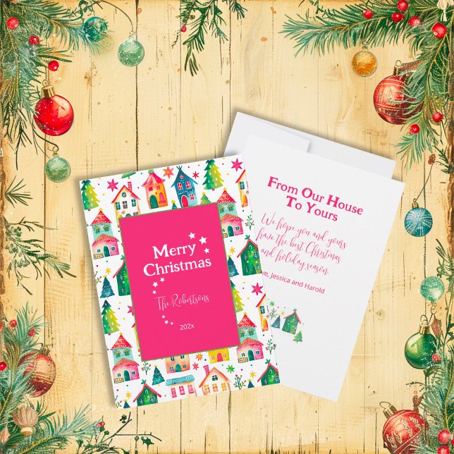 Tarjeta Festiva Casas de Navidades Cutos (Cute Christmas Houses Card (flat, magenta))