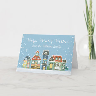 Tarjeta Festiva Casas de pueblo de nieve navideña en invierno para