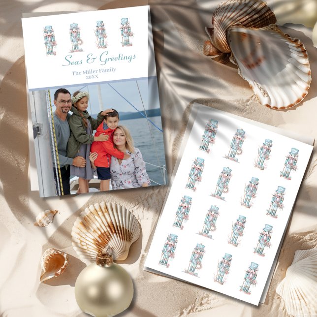 Tarjeta Festiva Cascanueces Navideños Costeros 1-foto (Coastal Christmas Nutcrackers 1-photo Holiday Card)