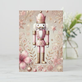 Tarjeta Festiva Cascanueces Pastel Rosa y Dorado Elegante y Capric
