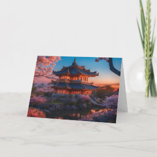 Tarjeta Festiva Castillo asiático de la puesta de sol del jardín