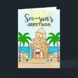 Tarjeta Festiva Castillo de Crab | Navidades Tropical Beach Palm T<br><div class="desc">La tarjeta de Navidades temáticos, dulce y tropical, cuenta con un cangrejo feliz en su casa de un castillo de arena en la playa, con el sol y las olas del océano en el fondo. El cangrejo se levantó temprano y fue a surfear, luego se metió en el espíritu de...</div>