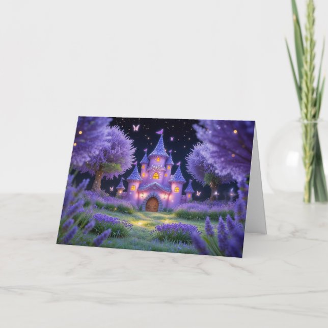 Tarjeta Festiva Castillo de hadas del bosque de lavanda oculto (Anverso)