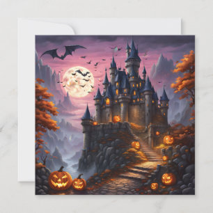 Tarjeta Festiva Castillo de Halloween embrujado y calabazas
