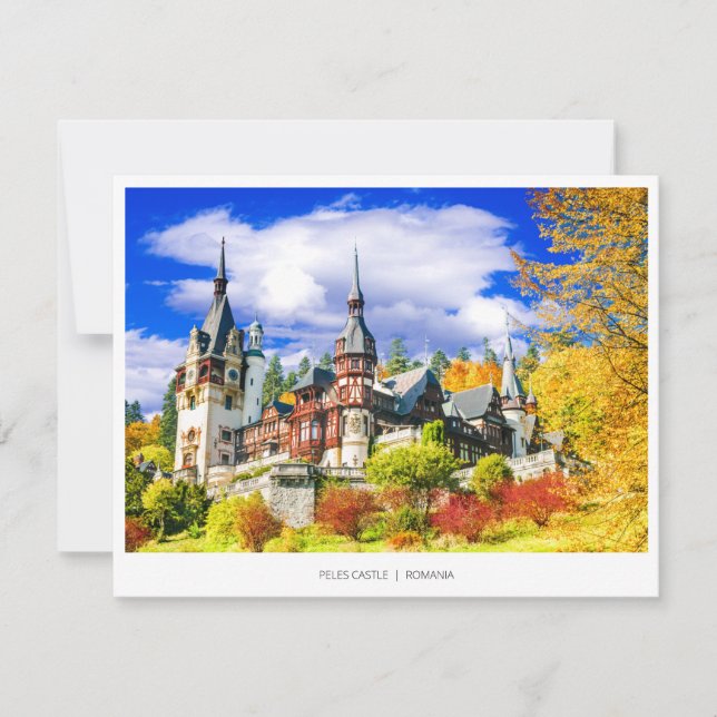 Tarjeta Festiva Castillo de Peles, famoso paisaje otoñal de Rumani (Anverso)