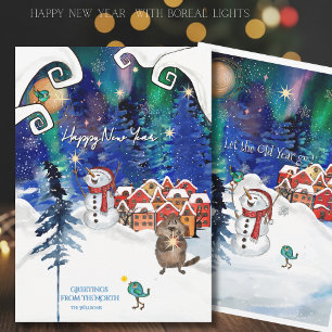 Tarjeta Festiva Castor Caprichoso y Hombre de Nieve Luz del Norte