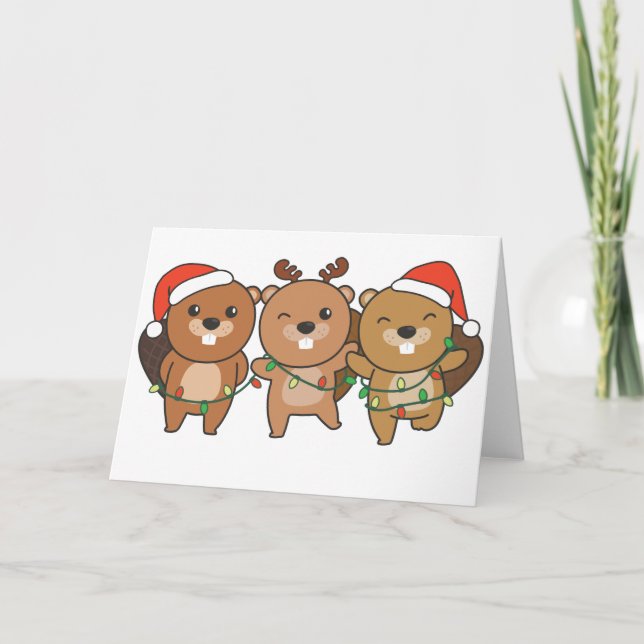 Tarjeta Festiva Castor Navideño Animales Navideños Castor Lindo Ho (Anverso)