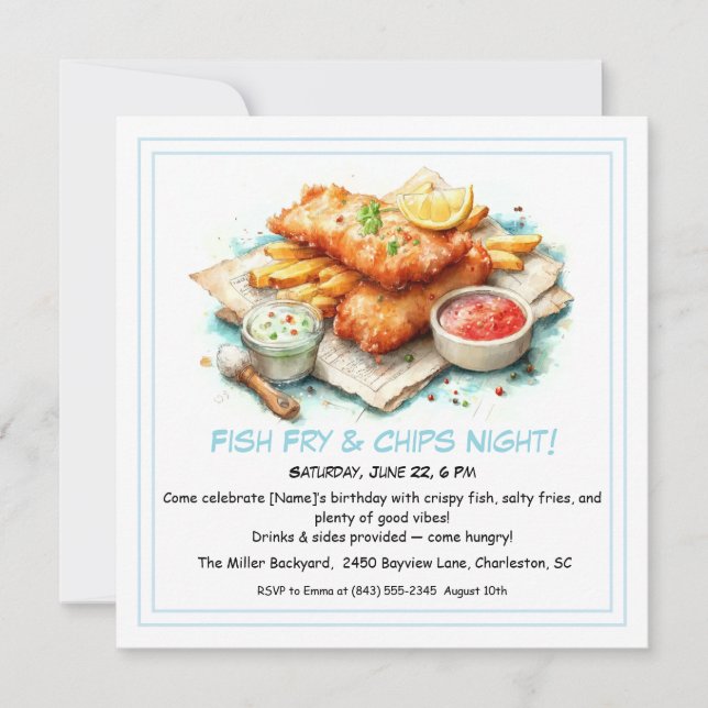 Tarjeta Festiva Casual Seafood - Fish Fry & Chips Birthday  (Anverso)