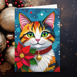 Tarjeta Festiva Cat and Poinsettia Personalized Christmas