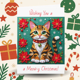 Tarjeta Festiva Cat and Poinsettia Personalized Christmas