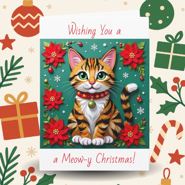 Tarjeta Festiva Cat and Poinsettia Personalized Christmas (Subido por el creador)