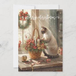 Tarjeta Festiva Cat arranging Winter Flowers for Christmas
