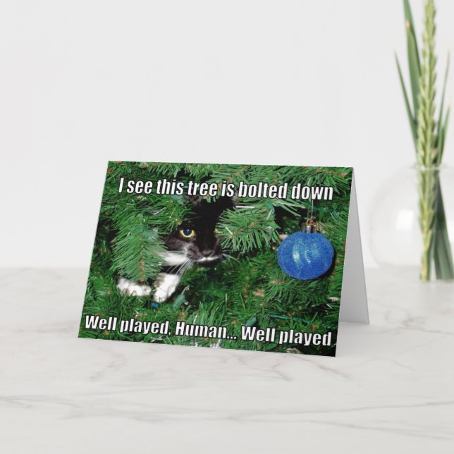 Tarjeta Festiva Cat In A Christmas Tree Meme Navidades Card (Anverso)