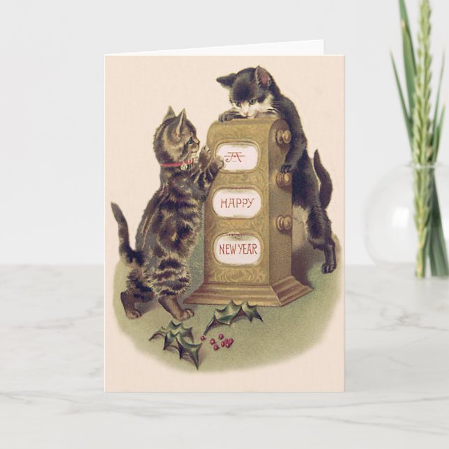 Tarjeta Festiva Cat Kitten Calendar Holly (Anverso)