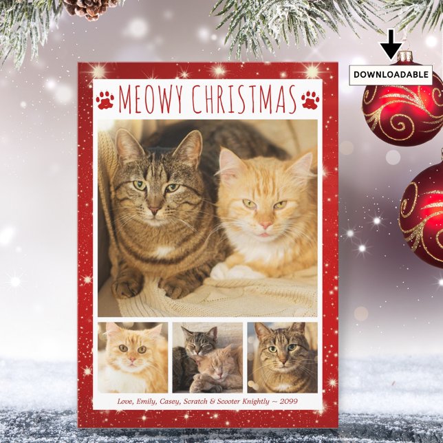Tarjeta Festiva Cat MEOWY NAVIDADES 4 Fotos Huellas Rojas (Subido por el creador)