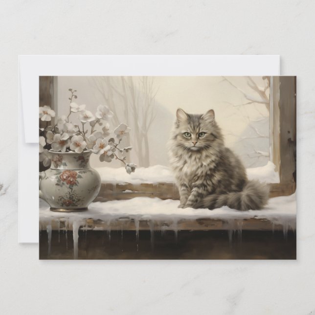 Tarjeta Festiva Cat Snowy Winter Merry Christmas (Anverso)