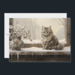 Tarjeta Festiva Cat Snowy Winter Merry Christmas<br><div class="desc">Tarjeta de saludo de vacaciones para navidades con un cuadro de un hermoso gato gris sentado en una ventana en un día de invierno nevado. Personalizado en la parte posterior con su mensaje y nombre. Comuníquese conmigo para obtener ayuda con su personalización o para solicitar productos adicionales de correspondencias o...</div>