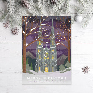 Tarjeta Festiva Catedral de Invierno Navidades ilustrados morado
