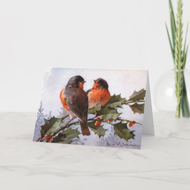 Tarjeta Festiva Catherine Klein: Petirrojos en acebo (Anverso)