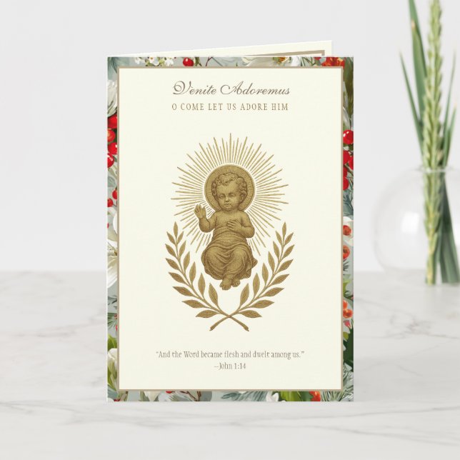 Tarjeta Festiva Catholic Christmas Baby Jesus Poinsettia (Anverso)