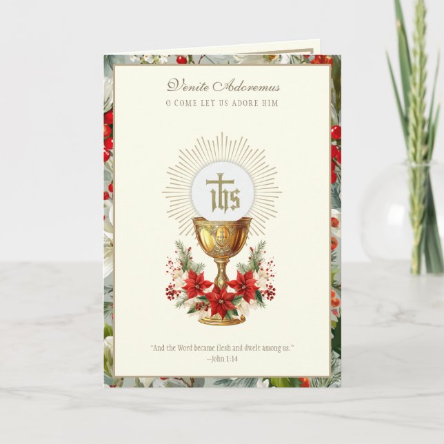Tarjeta Festiva Catholic Christmas Eucharist Poinsettia Floral (Anverso)