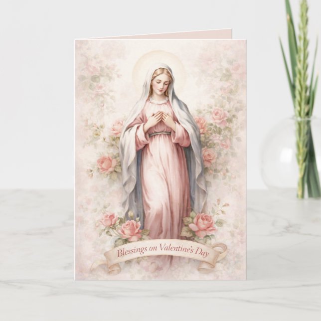 Tarjeta Festiva Catholic Mother Mary Pink Roses Valentine (Anverso)