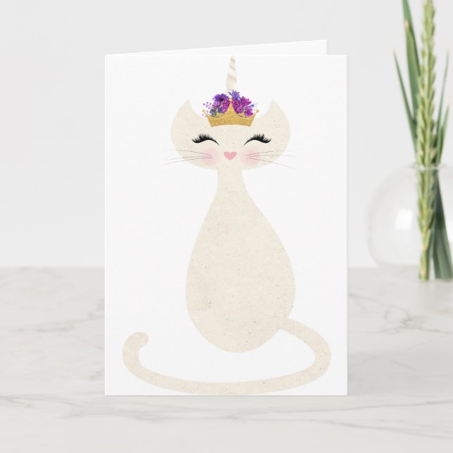 Tarjeta Festiva caticorn unicornio gato con corona princesa (Anverso)