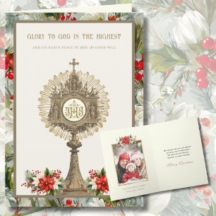 Tarjeta Festiva Católico con foto de poinsettias y Custodia de oro
