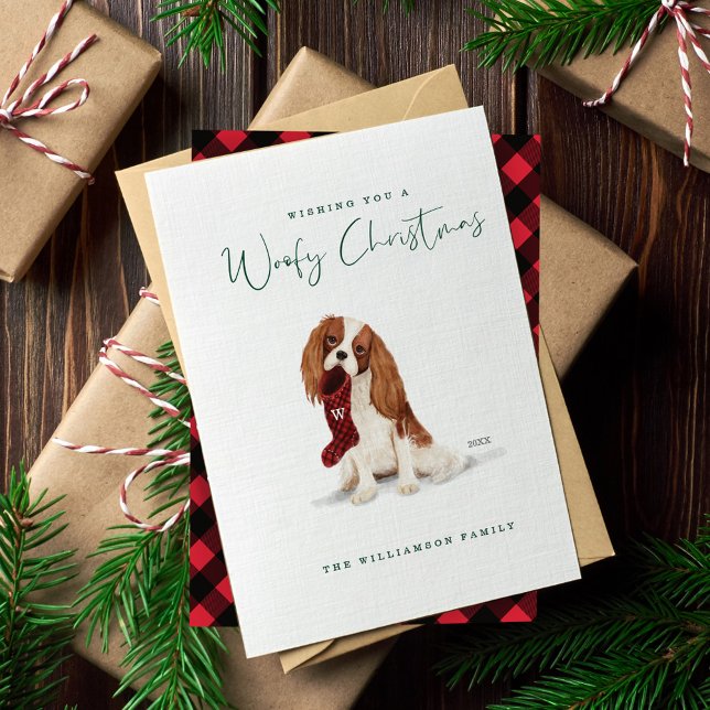 Tarjeta Festiva Cavalier castaña de perro travieso (Naughty Dog Watercolor Cavalier Spaniel Stocking Holiday Card)
