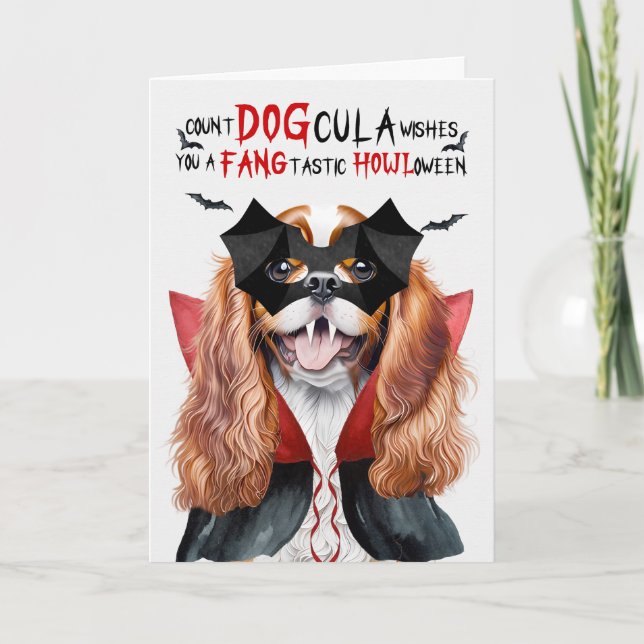 Tarjeta Festiva Cavalier King Charles Dog Count DOGcula Halloween (Anverso)