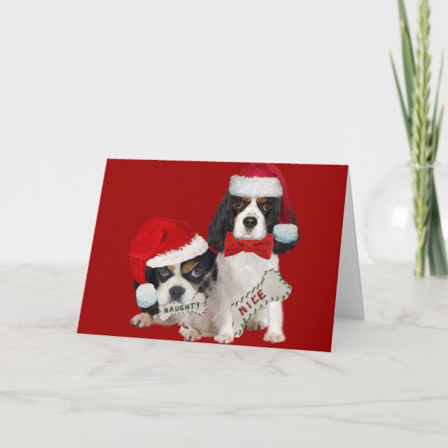 Tarjeta Festiva Cavalier King Charles Navidades Naughty o Nice (Anverso)