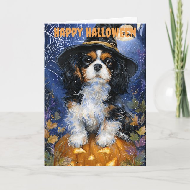 Tarjeta Festiva Cavalier King Charles Spaniel perro de Halloween (Anverso)