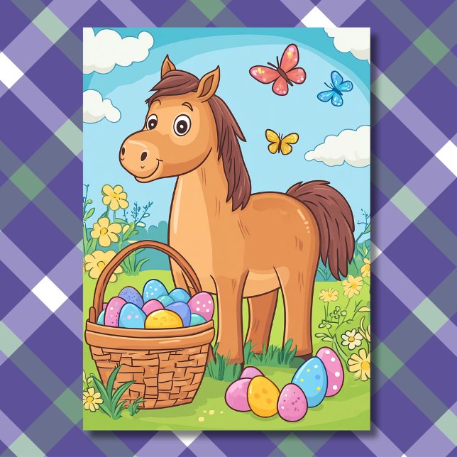 Tarjeta Festiva Caza de huevo de Pony Cute - Semana Santa (Front - Cute Pony Egg Hunt - Horse Easter Holiday Card)