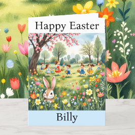 Tarjeta Festiva Caza de huevos de conejo de Pascua Añadir nombre d
