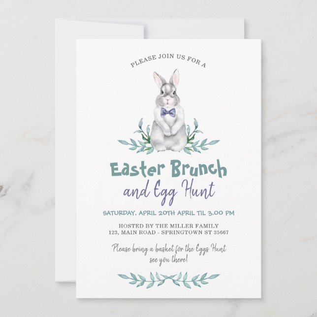Tarjeta Festiva Caza de huevos de conejo de pascua y brunch  (Anverso)