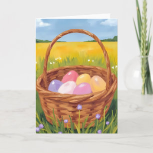 Tarjeta Festiva Caza de Huevos en Canasta de Pascua Acuarela Paste