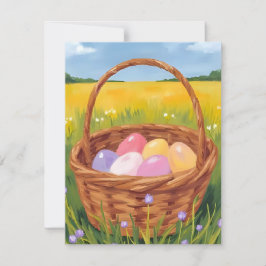 Tarjeta Festiva Caza de Huevos en Cesta de Pascua Acuarela Pastel