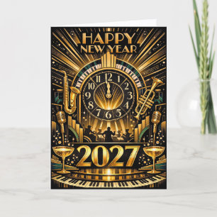 Tarjeta Festiva Celebración de Año Nuevo de Jazz Glamuroso Dorado