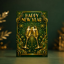 Tarjeta Festiva Celebración de champán Art Déco de oro esmeralda